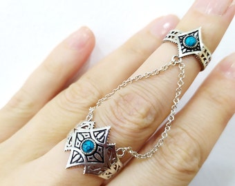 Armenian jewelry Double ring with chains Silver 925 Natural blue turquoise Adjustable Ethnic