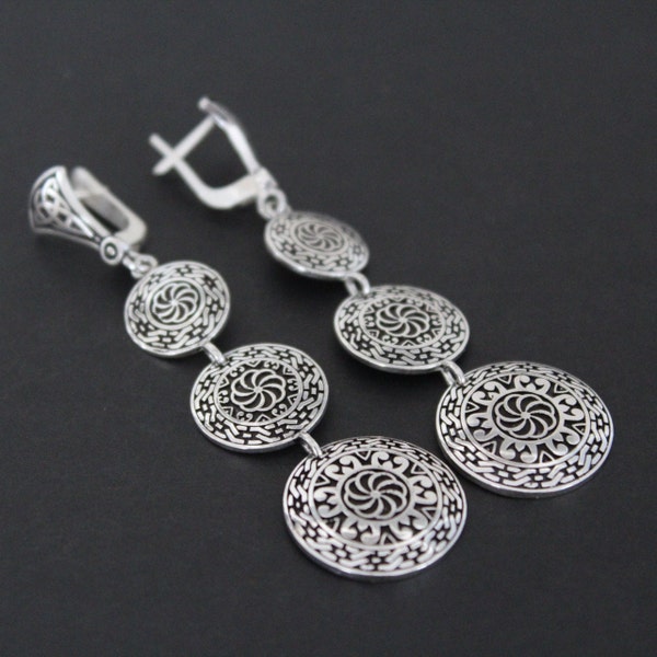 Very long earrings Sterling silver 925 round with Armenian ornament