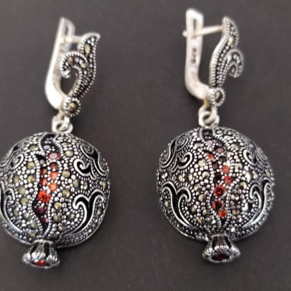 Garnet earrings Pomegranate Marcasite Armenian jewelry Persephone Fall jewellery Sterling silver 925