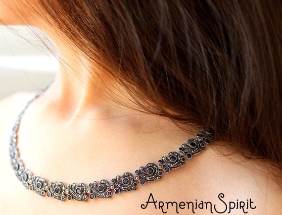 Necklace Sterling Silver Luxury Navy Blue Stones With Matching Earrings Dangle Silver 925 Armenian Jewelry Handcrafted Dark Blue Wedding Etsy Canada