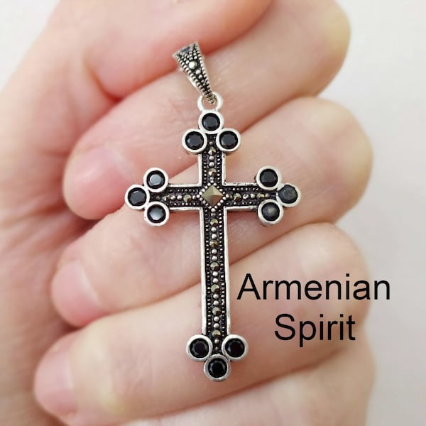 Armenian jewelry Black cross marcasite Silver 925 with onyx stones Armenian crosses khachkar jewellery Armenia symbol gifts