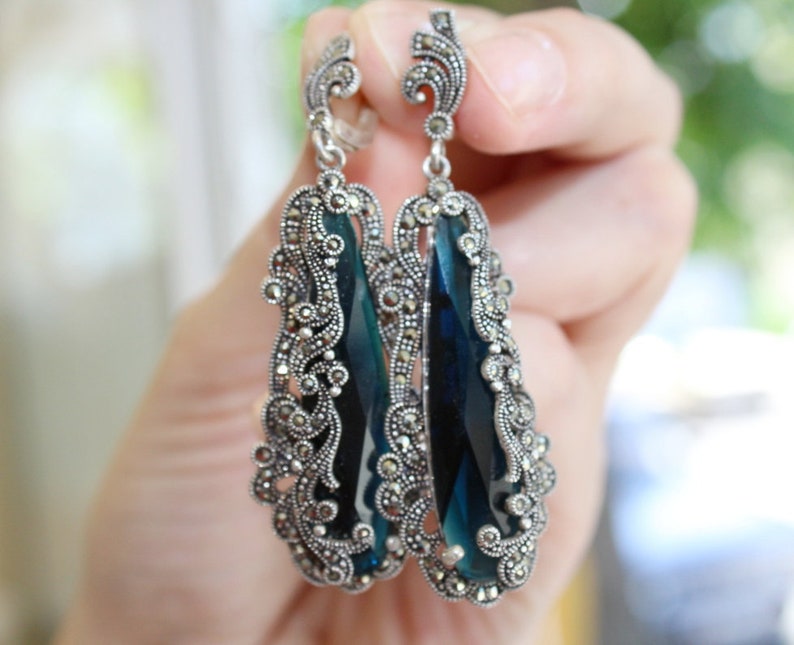 Silver earrings marcasite Blue topaz Very long dangle earrings Cocktail jewelry Extra Big Jewelery very large earrings Gift for rich woman