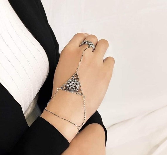 Fun Women Gold Metal Blue White Orange Pyramid Bracelet Hand Chain Ring  Triangle | eBay