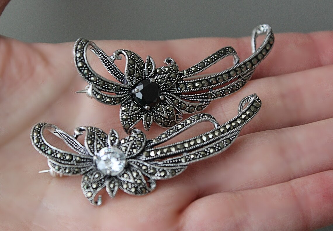 Broche Art Déco En Argent 925 Avec Marcassites Et Perle - Vintage Neuve Avec étiquettes