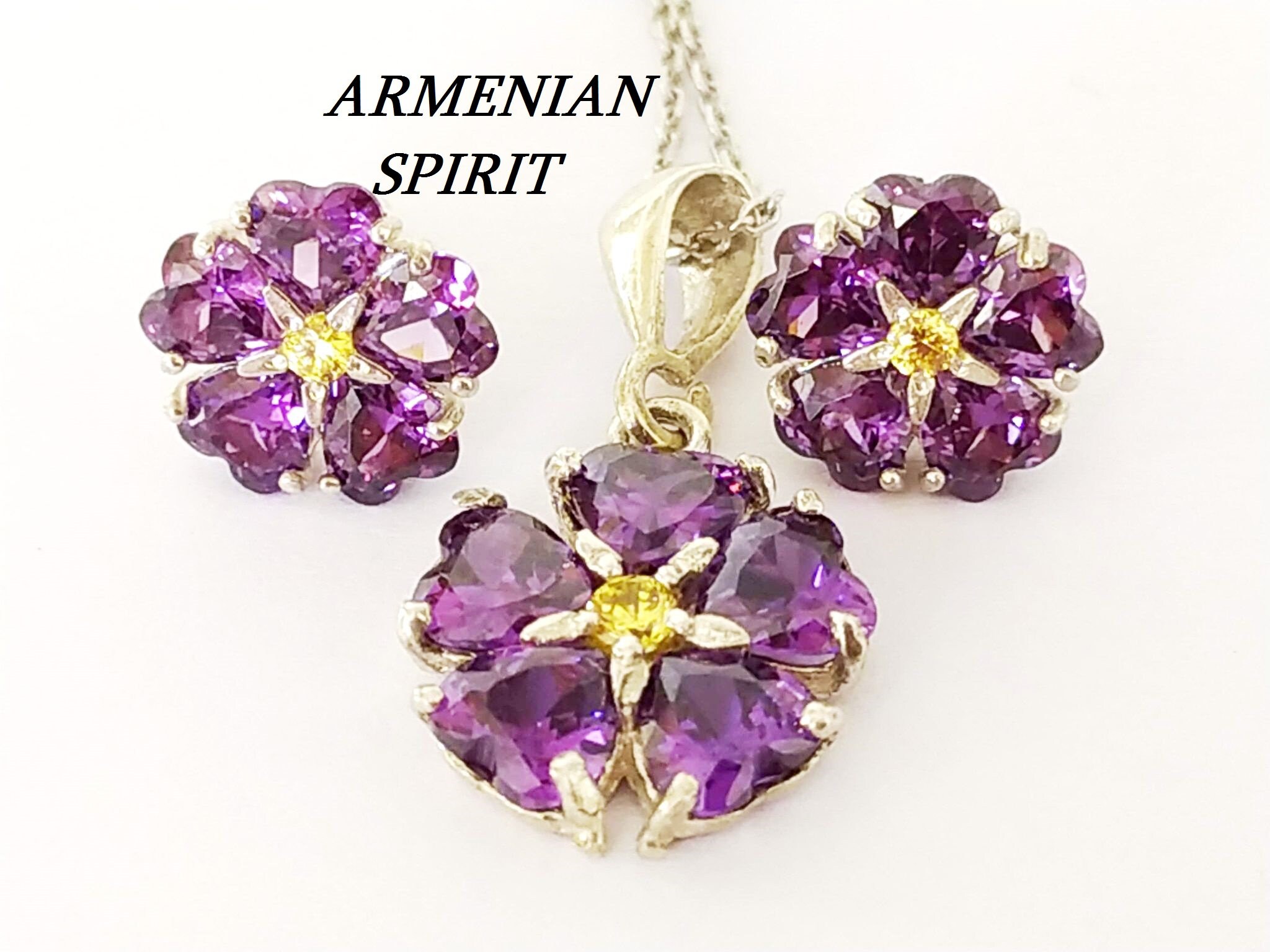 Armenian Jewelry Set Forget Me Not Purple Flower Violet Stud Etsy Israel