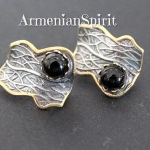 Petites boucles d'oreilles de style vintage onyx noir ARGENT 925 bijoux arméniens plaqué or