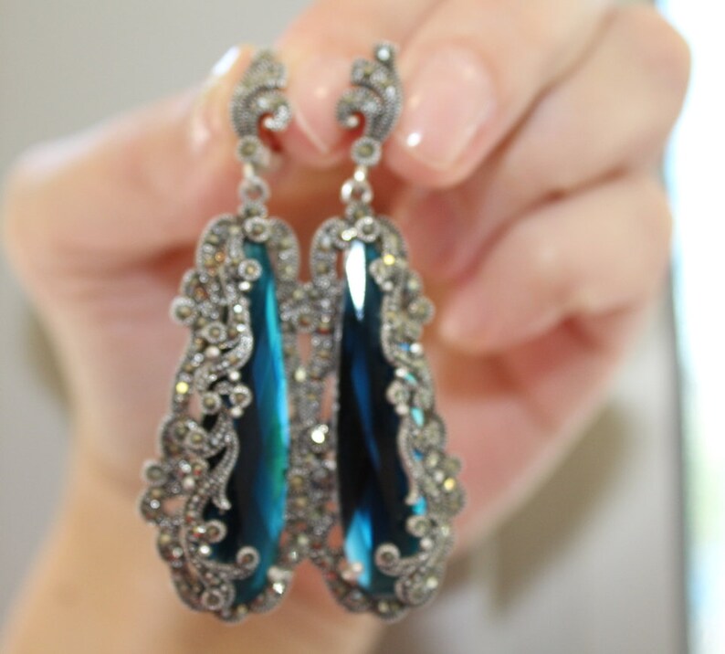 Silver earrings marcasite Blue topaz Very long dangle earrings Cocktail jewelry Extra Big Jewelery very large earrings Gift for rich woman