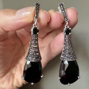 Black onyx Very Long earrings marcasite Wedding jewelry engagement Black luxury earrings armenian jewelry cocktail STERLING SILVER 925