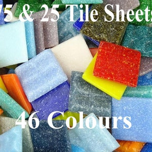 May include: A close-up of a pile of small, square, colourful glass tiles. There are 75 and 25 tile sheets, and 46 colours in total.