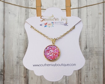 Pink & Gold Druzy Necklace // Chain Necklace // Gemstone Necklace