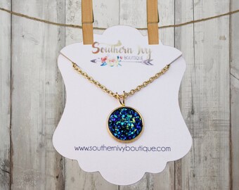 Midnight Blue & Gold Druzy Necklace // Chain Necklace // Gemstone Necklace