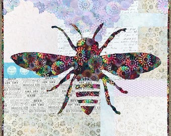 Bee Quilt Pattern-Phoebee the bee is made with both beautiful sides of one focus on a scrappy background! Easy applique & broderie perse.