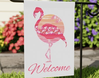 Flamingo Pink Sunset - Tropical Summer Welcome Flag for Pool, Deck, or Garden