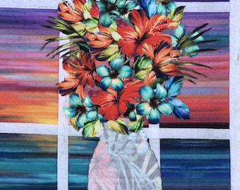 Motif de courtepointe bouquet de coucher de soleil tropical - Réalisez cette suspension murale matelassée facile à l'aide d'un appliqué thermocollant, de la broderie perlée et des DEUX côtés du tissu !