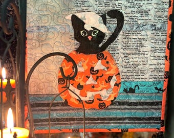 Miss Kitty's Pumpkin - Halloween Fusible Applique Mini Quilt - Digital Download Quilt Pattern