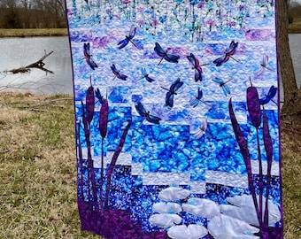 Dragonfly Pond Quilt Pattern, Applique Wall Hanging