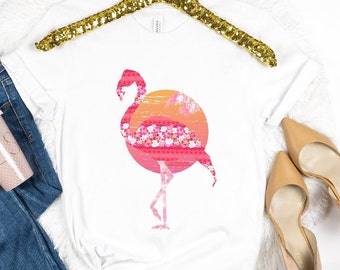 Flamingo Floral Sunset T-Shirt - Fiona the Flamingo Sunset Design Featuring Seashells, Hawaiian Flowers, Starfish & Sand Dollars