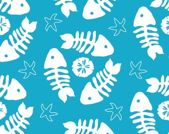 May include: A repeating pattern on a bright turquoise background featuring white graphic illustrations of fish skeletons, starfish, and sand dollars arranged in a scattered, non-directional layout across the entire surface of the fabric.