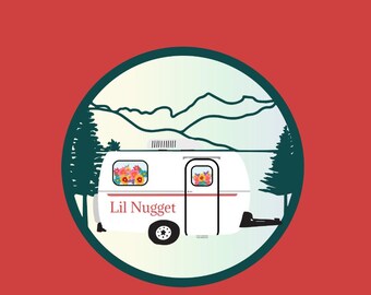 Personalized Camper Name Kitchen Towel - Little White Travel Trailer in Mountains Artwork