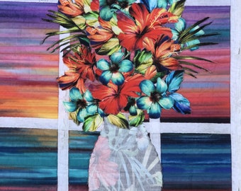 May include: A fabric wall hanging featuring a vibrant bouquet of red and teal hibiscus flowers and tropical leaves in a vase. The vase has a light gray floral pattern. The background depicts a sunset through a window with white grid panes.