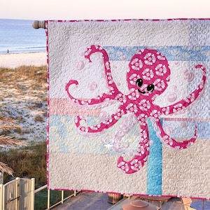 Octopus Quilt Pattern - PINKY the Baby Octopus is an easy applique baby quilt to make for shower or new baby gift and nautical nursery.