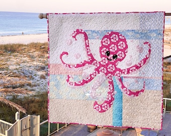 Octopus Quilt Pattern - PINKY the Baby Octopus is an easy applique baby quilt to make for shower or new baby gift and nautical nursery.