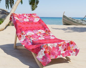 Flamingo Pink Floral Beach Towel - Hawaiian Blooms, Sand Dollars and Starfish Stripe for Tropical Fun