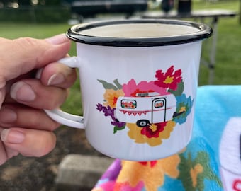 Camper Mug - Enamel Camping Mug with Floral Trailer Art