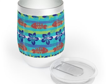 Tropical Fiesta Insulated Drink Tumbler - Blue Nautical Stripe Features Whimsical Fishbones, Dancing Starfish, and Hawaiian Blooms