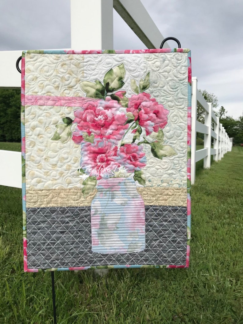 Quilt Pattern, Grace, Mason Jar Vase, Wall Hanging, Applique, Mason Jar Bouquet Art Quilted Wall Hanging, Use Both Beautiful Sides image 1
