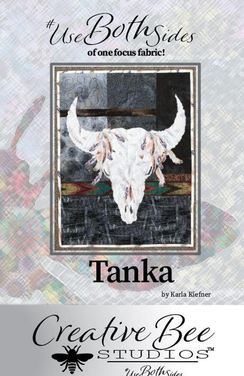 Quilt Pattern Cover showing the bison skull quilt photo, title of pattern, Creative Bee Studios logo, and tag line: Use both Sides which refers to the use of both sides of one focus fabric to make the quilt.