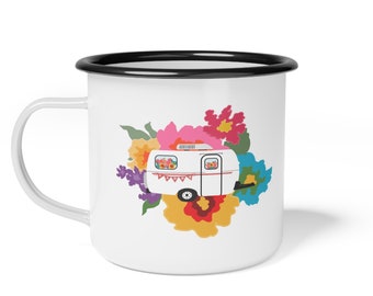 Jolie tasse Camp Happy - Illustration de remorque de voyage en fibre de verre sur une tasse de camping durable, cadeau pour les randonneurs, les campeurs et les amateurs de remorques de camping-car !