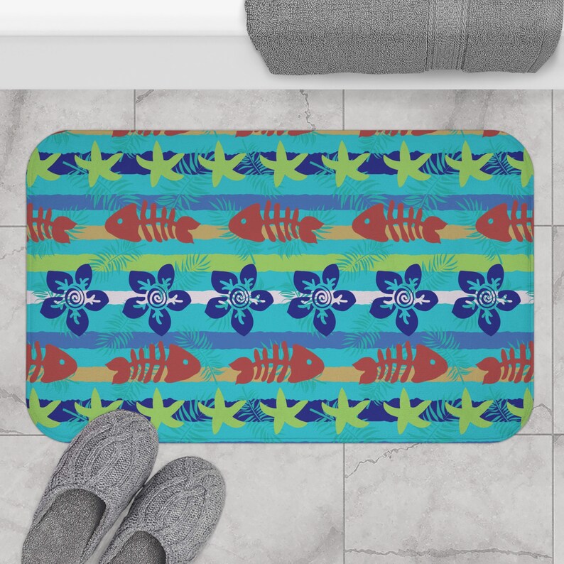 Bath mat shown on floor.