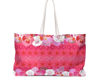 Flamingo Pink Floral Weekender Bag - Pink Seashore Beach Paradise with Seashells, Starfish, and Hawaiian Blooms