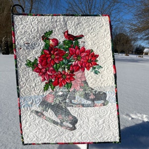 Easy Applique Designs - Ice Skates Christmas Bouquet Quilt -Use Both Beautiful Sides of One Floral Focus Fabric - Instant Download Pattern