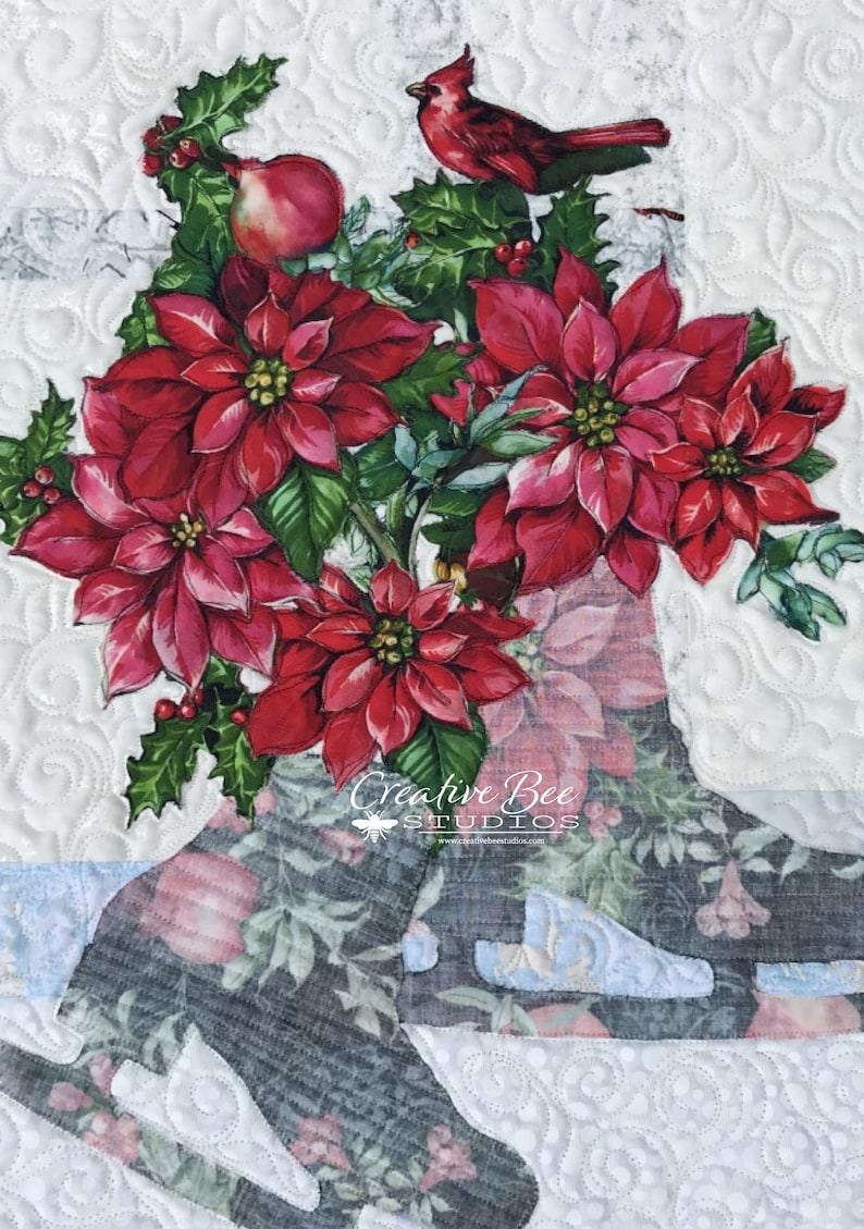 Close up of ice skates bouquet quilt called Noelle.
