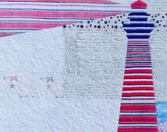 Liberty Lighthouse Applique Quilt Pattern - Great Nautical Quilted Wall Hanging Made with BOTH Beautiful Sides of One Stripe Fabric.