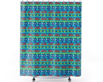 Tropical Fiesta Shower Curtain - Whimsical Fishbones, Starfish, and Hawaiian Flowers