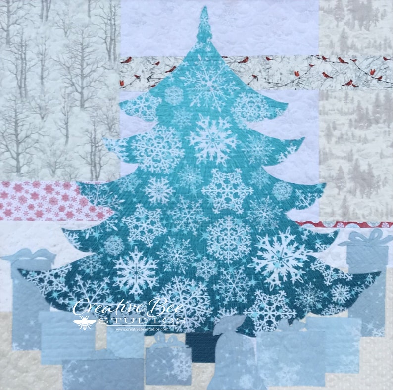 Joyful Christmas tree quilt center shown close up.