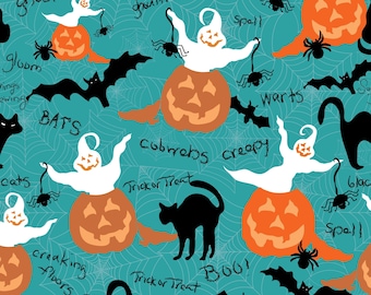 Flying Bats Fabric: Halloween Teal Fat Quarter-Cotton Poplin