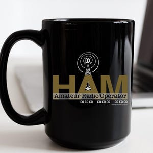 Ham Radio Coffee Mug - Black Ceramic Amateur Radio Mug featuring DX Antenna Tower for Ham Radio Operators