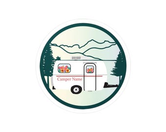 Personalized Camper Name Vinyl Decal - Scamp Travel Trailer in Mountains Kiss-Cut Stickers