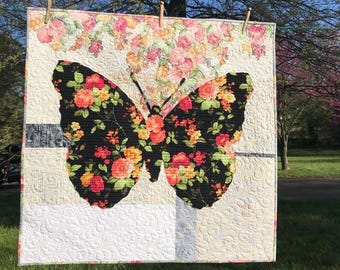 Butterfly Quilt Pattern, Spring Floral Applique Wall Hanging
