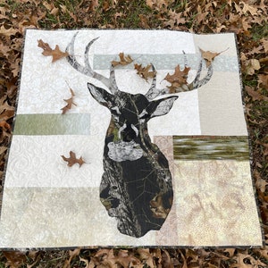Deer Quilt Pattern-JACK-applique deer quilt for the hunter in your life! Great wildlife decor. Use both sides of one camouflage fabric!