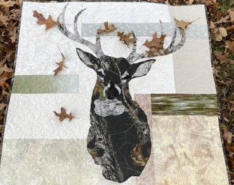 Deer Quilt Pattern-JACK-applique deer quilt for the hunter in your life! Great wildlife decor. Use both sides of one camouflage fabric!