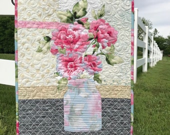 Old Mason Jar Bouquet -PDF Quilt Pattern- Use Both Beautiful Sides of One Focus Fabric to Make This Beautiful Wall Hanging!