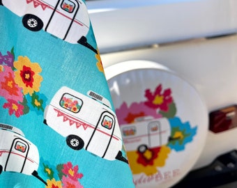 Camping Quilt Fabric Featuring Iconic Fiberglass Travel Trailer with "Happy" Pennants and Flowers