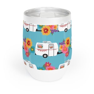 Happy Camper Tumbler  - Fiberglass Travel Trailer Artwork on Insulated Drink Cup , Gift for Hikers, Camping and Trailer RV Enthusiasts!