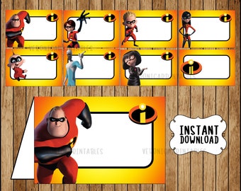 Incredibles Food labels instant download, The Incredibles party Food tent cards, Printable Incredibles Tent cards