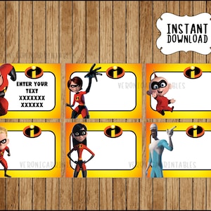 May include: Six printable place cards featuring characters from the animated film Incredibles. Each card has a yellow background with a red border and a white space for writing a name. The cards feature Mr. Incredible, Elastigirl, Violet, Dash, Jack-Jack, and Frozone.